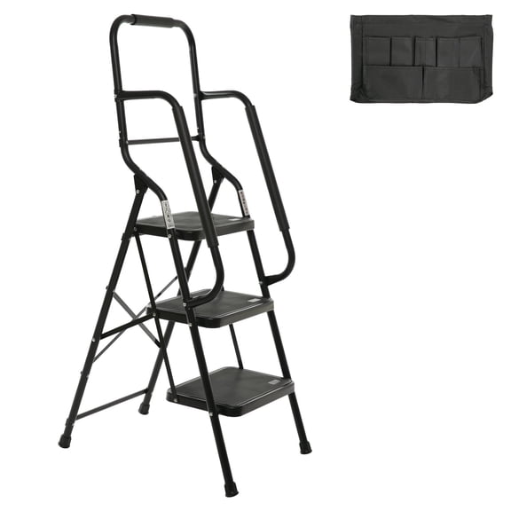 LuckyNote 3 Step Ladder with Handrails, 500 lb Capacity Folding Step Stool for Home Kitchen, Steel Frame with Non-Slip Wide Pedal, Attachable Tool Bag, Black