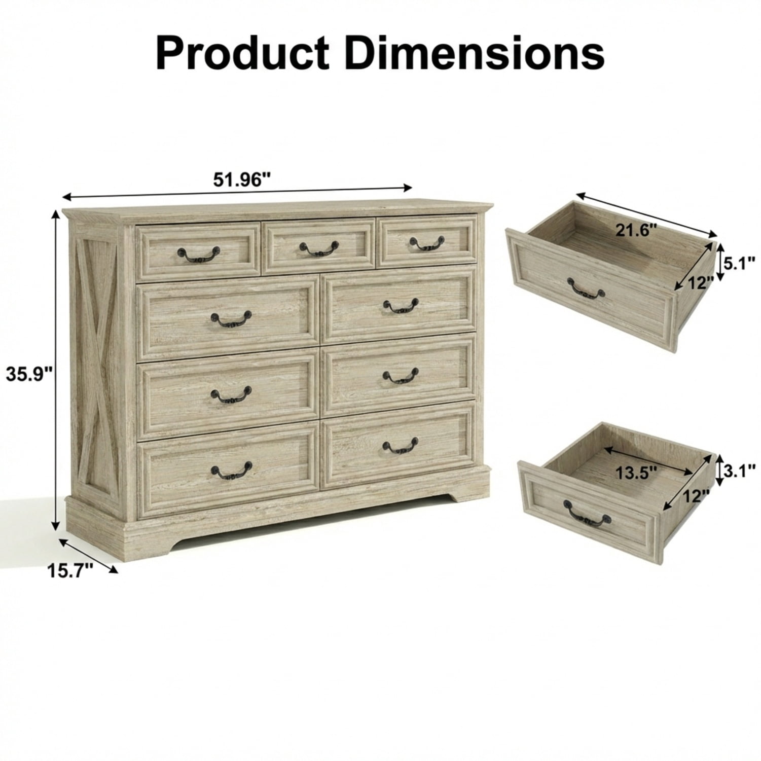 Farmhouse 9-Drawer Dresser, Rustic Wood Chest of Drawers with Large Storage, Natural Oak