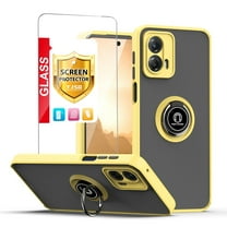 TJS for Motorola Moto G 5G 2023 Phone Case, with Tempered Glass Screen Protector, 360 Degrees Rotating Metal Ring Magnetic Support Kickstand Cover for Moto G 5G 2023 (Yellow)