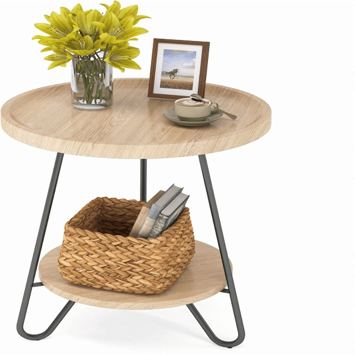 Round End Table with Lower Shelf, 20 inch Industrial Side Table for Living Room, Bedroom - Light & Dark Color Options, 70lbs Capacity