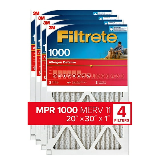 Filtrete 20x30x1 Air Filter, MPR 1000 MERV 11, Allergen Defense, 4 Filters