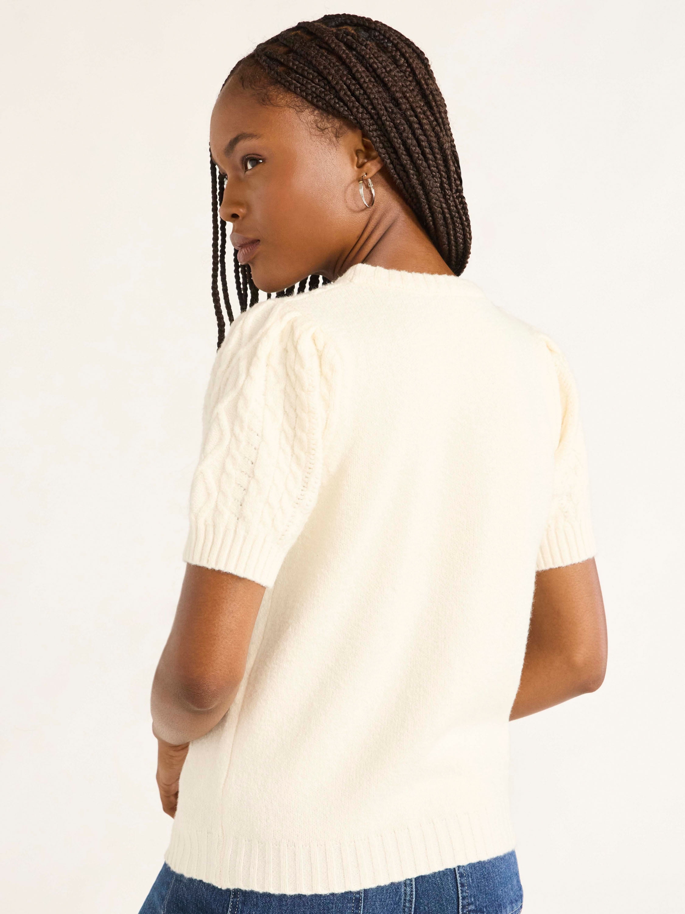 Free Assembly Women's Cable Knit Sweater with Short Puff Sleeves, Sizes XS-XXL