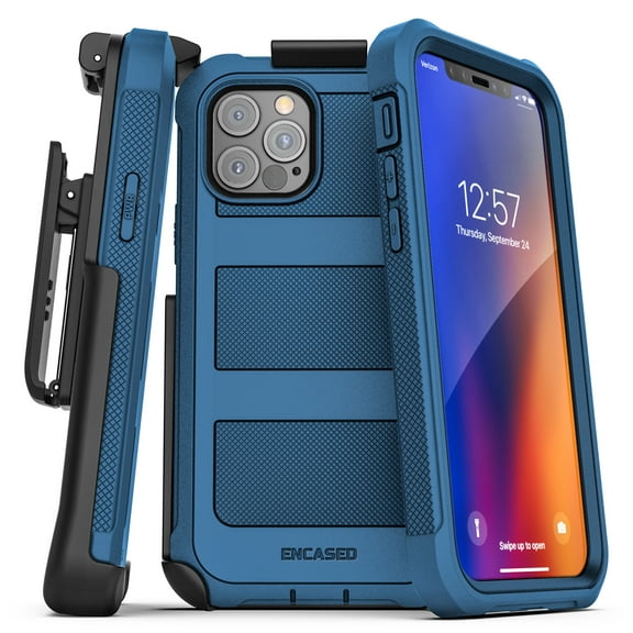 Encased Apple iPhone 12 Pro Max Case with Screen Protector and Belt Clip (Falcon) Protective Full Body Cover with Build-in Screen Guard and Holster - Navy Blue