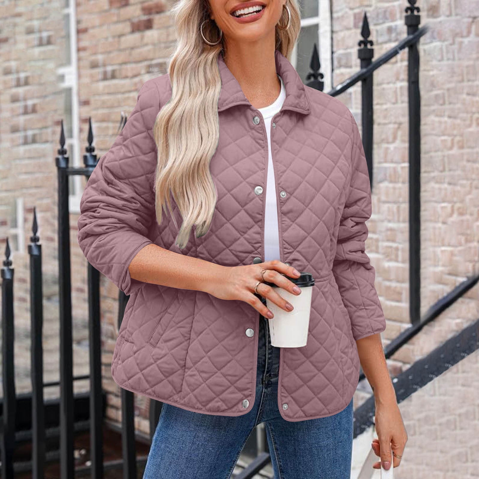 Quilted Jackets for Women Plus Size Lightweight Collar Puffer Jacket Button Down Winter Warm Coat Casual Loose Long Sleeve Padded Coats with Pockets Hot Pink S - image 5