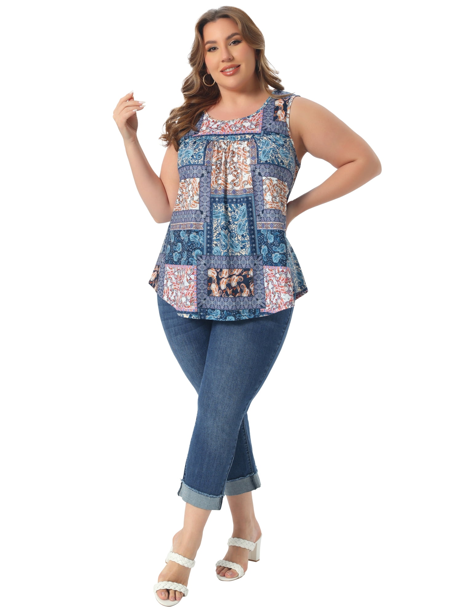 DARING DIVA Women's Plus Crew Neck Boho Pleated Curved Hem Tank Top Blouse 2X Navy Blue