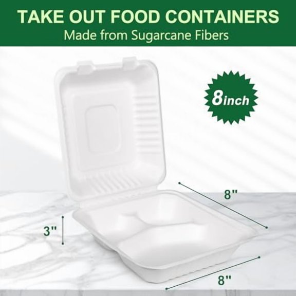 50 Pack 8x8 Inch Compostable Clamshell Containers - Eco-Friendly 3 Compartment To-Go Food Containers, Microwave & Leak-Resistant White Takeout Boxes (50 Count)