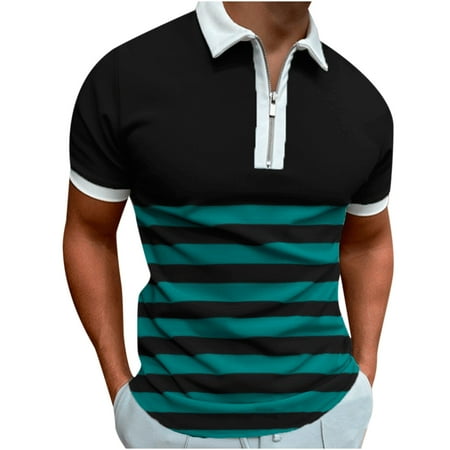 Amtdh Men s T Shirts Discount Striped Blouse Tee Summer Clothing Zipper Fitness Sports Tops for Men Lapel Polo Shirts for Men Short Sleeve Pullover Plus Size T Shirts Blue XXXXXL