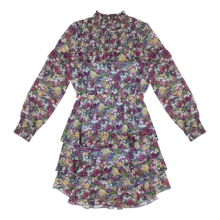 

KIDPIK Girls Long Sleeve Floral Smock Neck Elastic Waist Ruffle Back Keyhole Button Lined Dress Size: 2T - XL (14)