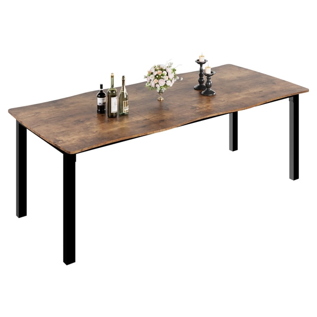 Modern Minimalist Rectangular Dining Table, 79 Inch Wave Edge Waterproof MDF, Scratch Resistant, Metal Legs, Seats 6 to 8, Easy Assembly, for Kitchen Dining or Study, Black Retro Marble