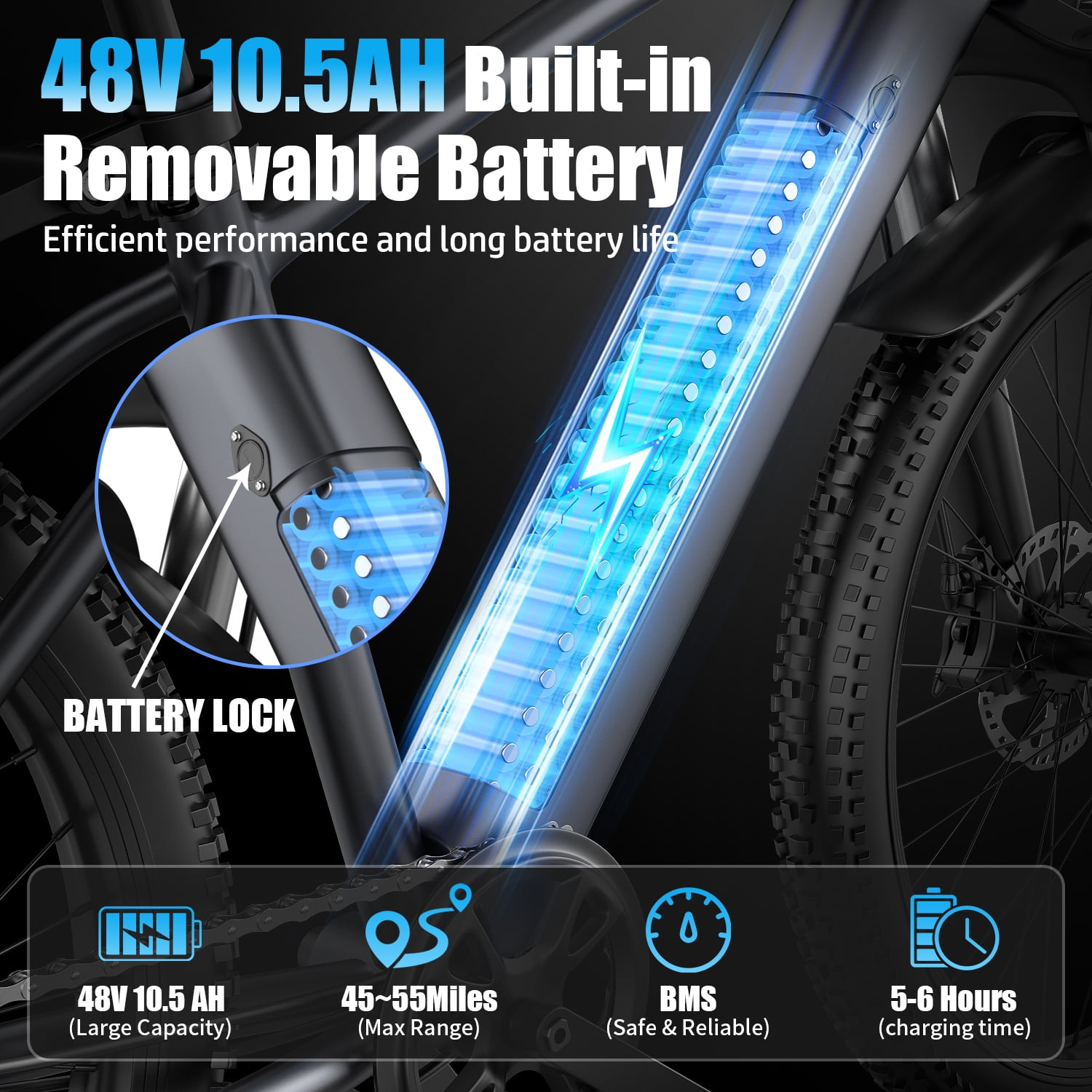F28-1500W Peak 26" Electric Mountain Bike for Adults,48V 10.5A Off-Road E-Dirt Bike (Removable Battery）55 Mile Range,LCD Display,365 lbs Capacity,Pneumatic Tires-UL2849 Certified (Camp,Trail Rid)