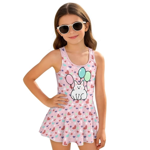 COEQINE Girls One Piece Swimsuit with Attached Liner, Scoop Neck V-Back Swim Dress for Swim Lessons, Polyester Spandex Bathing Suit for Girls 3-4 Year Olds, Cat Balloon Heart Pink