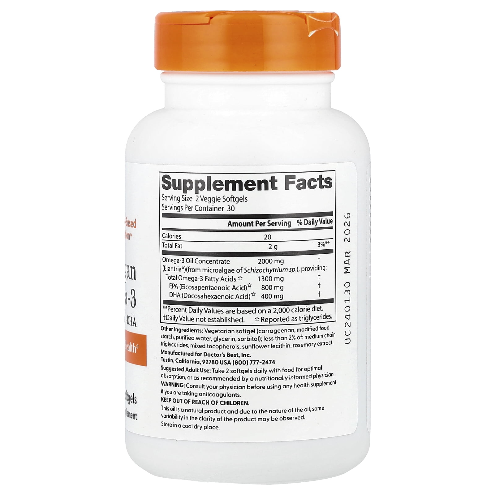 Doctor's Best Vegan Omega-3,  EPA+DHA, 60 Veggie Softgels (1,000 mg per Softgel)
