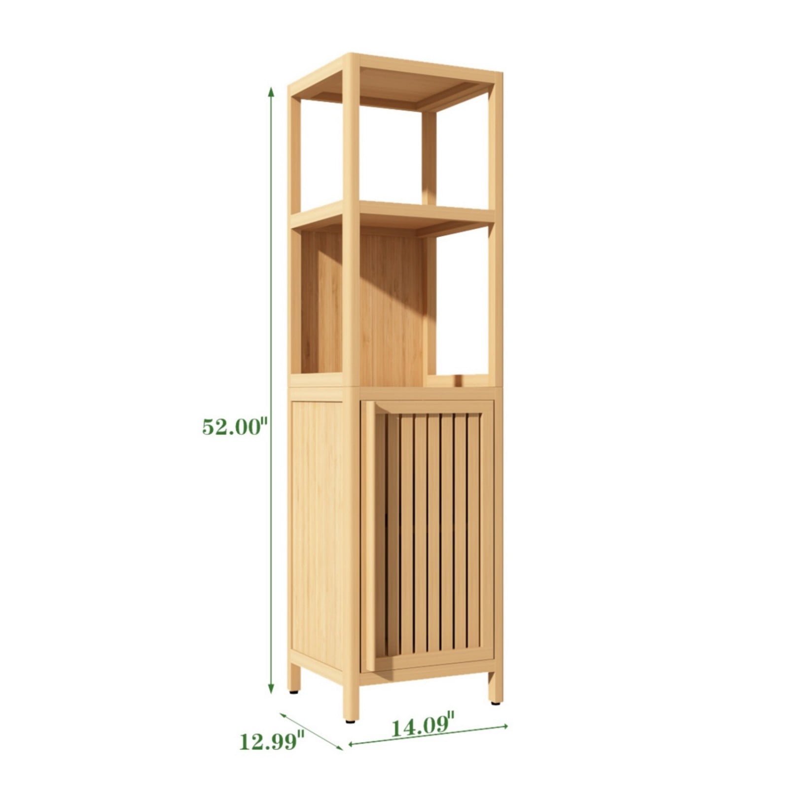 52" Bamboo Linen Tower Storage Cabinet, Bathroom Organizer with Doors & Open Shelves, Narrow Space-Saving Tall Cabinet, Natural