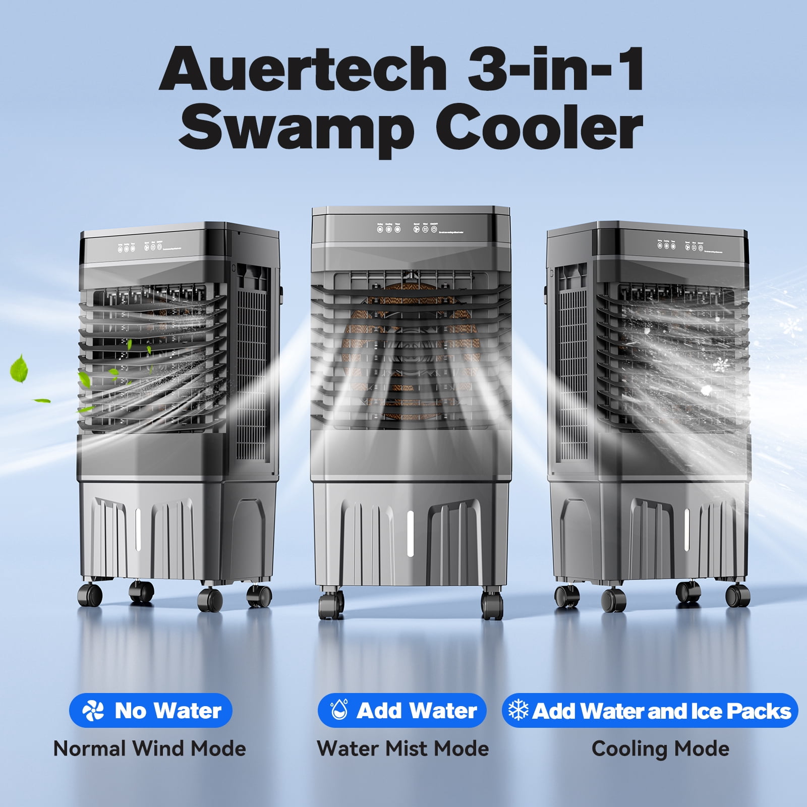 Auertech 5.3 Gal Swamp Cooler with Remote, 1800 CFM 12H Timer Portable Evaporative Air Cooler with Wheels, 4 Ice Packs, 3 Speeds, 120°Oscillation
