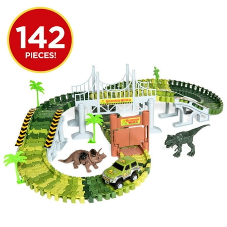 Best Choice Products 142-Piece Kids Toddlers Big Robot Dinosaur Figure Racetrack Toy Playset w/ Battery Operated Car, 2 Dinosaurs, Flexible Tracks, Bridge - (Best Robot Wars Fight)