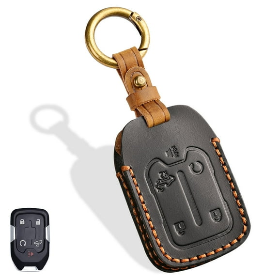 5-Button Leather Key Fob Cover, Compatible with GMC Acadia Terrain Sierra, Fit for Chevy Silverado 2019-2022, No Screw Design Retro Style Smart Key Holder Protector