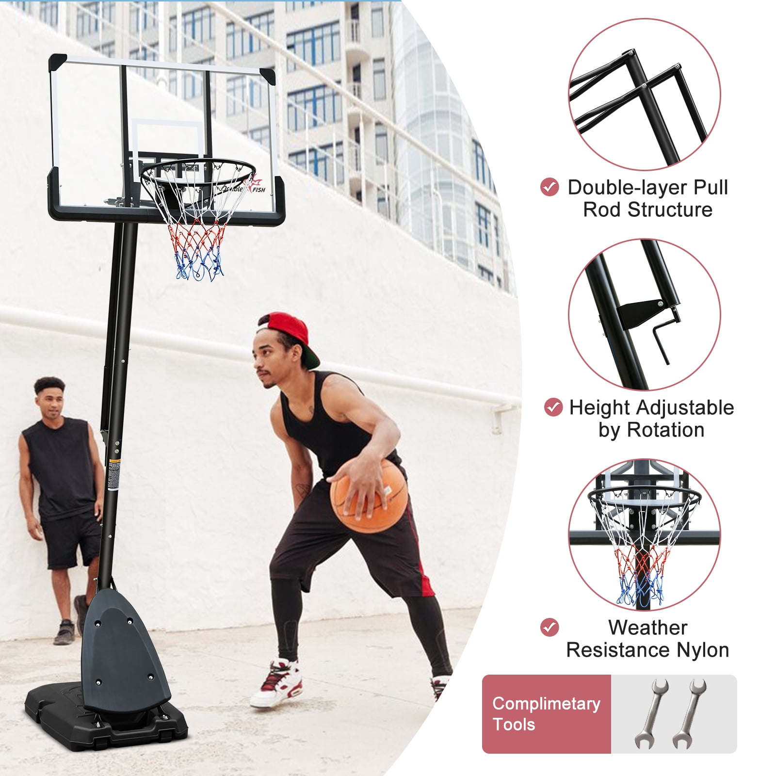 E-Western Outdoor Height Adjustable 7.5 to 10 ft Basketball Hoop with 44 Inch Backboard, Portable System with Stable Base and Wheels