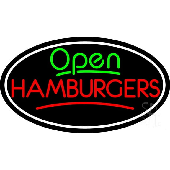 Open Hamburger Oval LED Neon Sign 20 x 37 - inches, Black Square Cut Acrylic Backing, with Dimmer - Bright and Premium built indoor LED Neon Sign for restaurant window and interior decor.