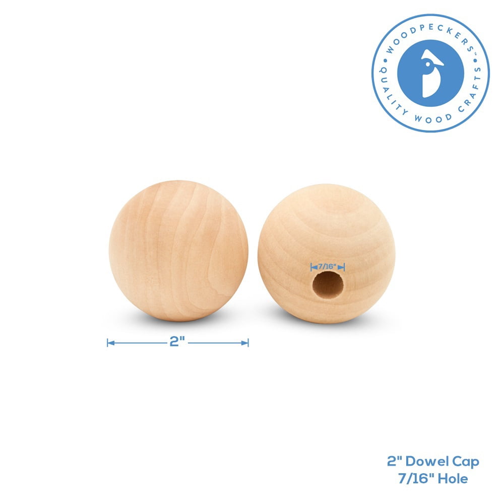 Wood Dowel Caps 2 inch Diameter with 1/2 inch Hole, 24 Unfinished Dowel Rod Caps for Dowel Rods, Crafts, & DIYers, by Woodpeckers
