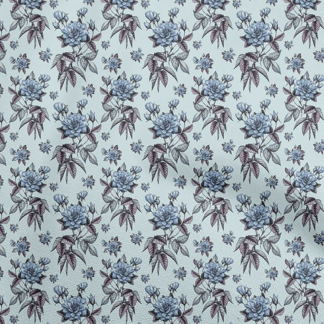 oneOone Cotton Poplin Light Blue Fabric Floral Craft Projects Decor Fabric Printed By The Yard 42 Inch Wide