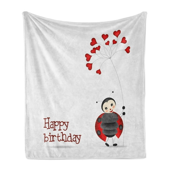 Birthday Party Soft Flannel Fleece Throw Blanket, Ladybug Wings Flower Inspired Heart Shaped Celebration Balloons, Cozy Plush for Indoor and Outdoor Use, 60" x 80", White Black and Red, by Ambesonne