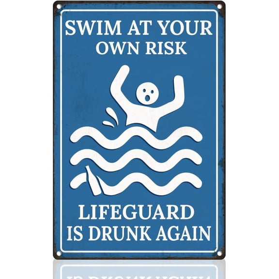 Swimming Pool Warning Vintage Metal Tin Sign, Swim at Your Own Risk Wall Art, 8 x 12 Inch, for Home, Office, Water Park, Beach, Clubs, Outdoor Decor