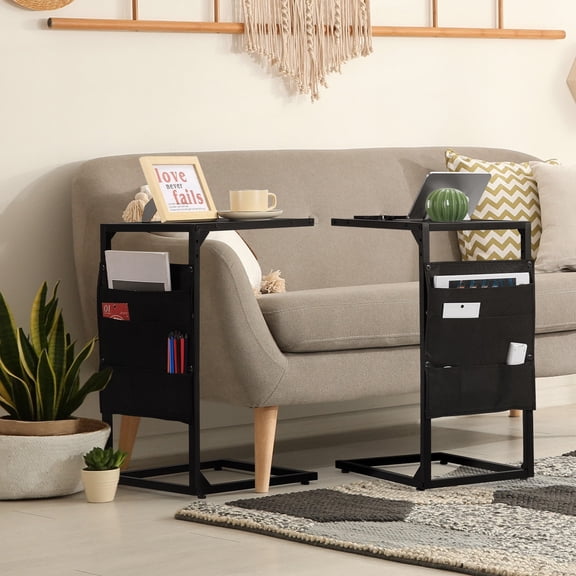 C Shaped End Table, Set of 2 Tall Side Table for Couch, Adjustable Height , Black