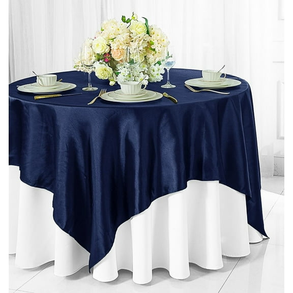 Wedding Linens Inc. (2 pcs) 54 inch Satin Square Table Overlay Topper - Navy Blue