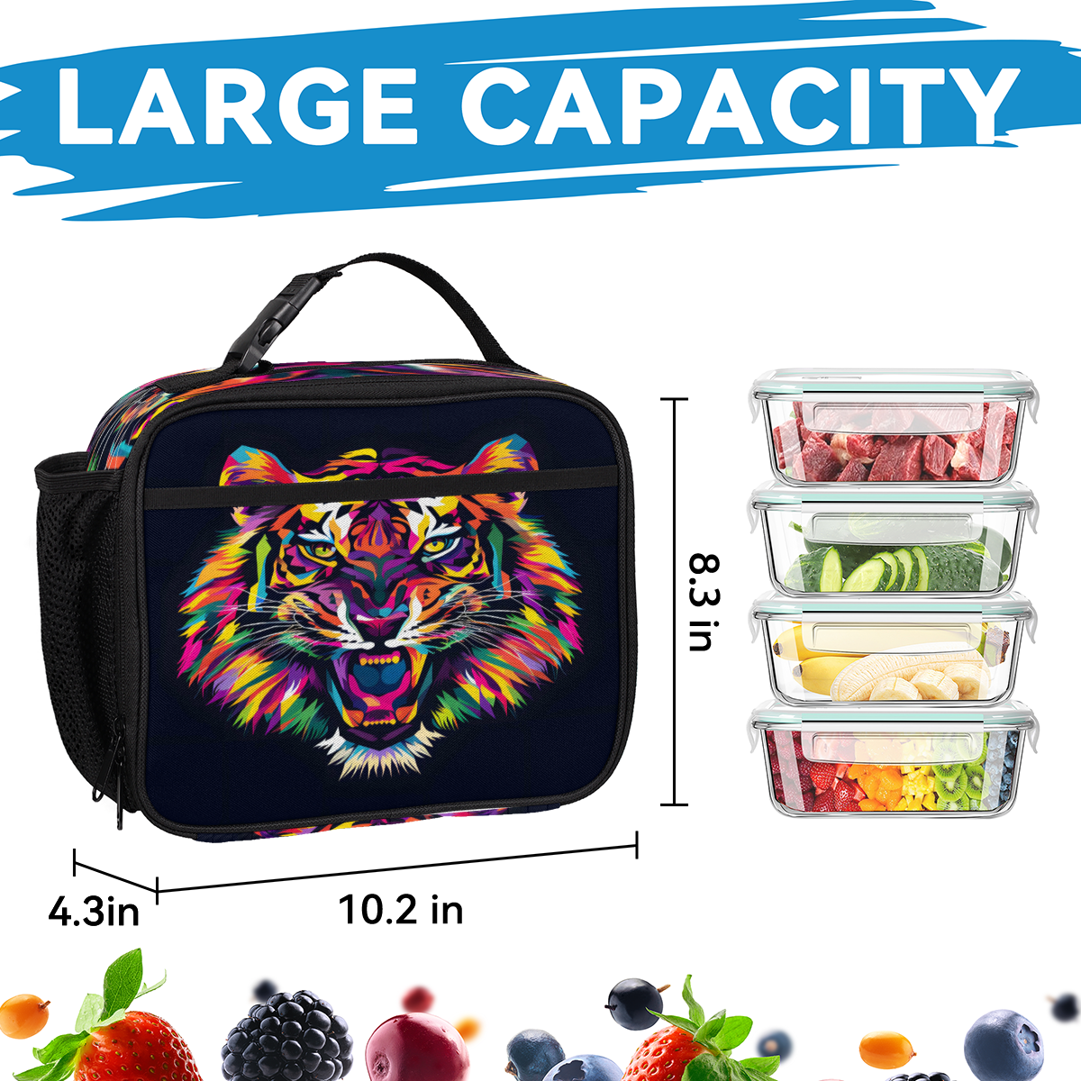Herdesigns Tiger Large Backpack Set with Lunch Box Lightweight Water Resistant Travel Laptop Backpacks Casual Daypacks for Women Men