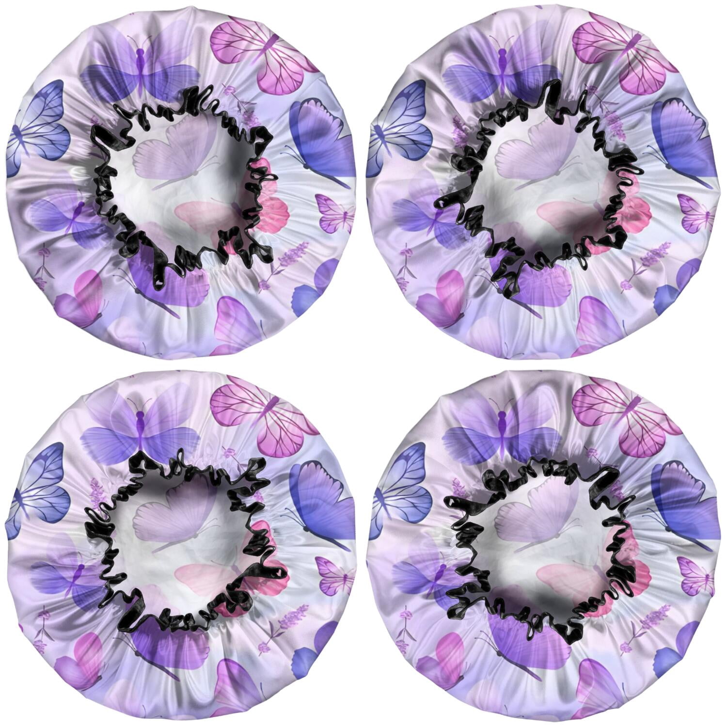 Shower Caps,Purple Butterfly Lavender Pattern Waterproof Shower Cap for Women 4 Pieces,Double Reusable Hair Cover for Shower PEVA Elastic Stretch Hem