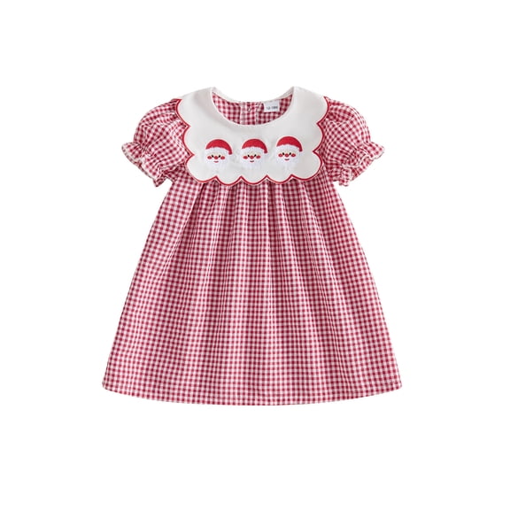 RUINIXCW Toddler Baby Girl Christmas Dress Little Baby Girls Red Gingham Plaid Dress Puff Short Sleeve Scalloped Doll Collar A-line Dress