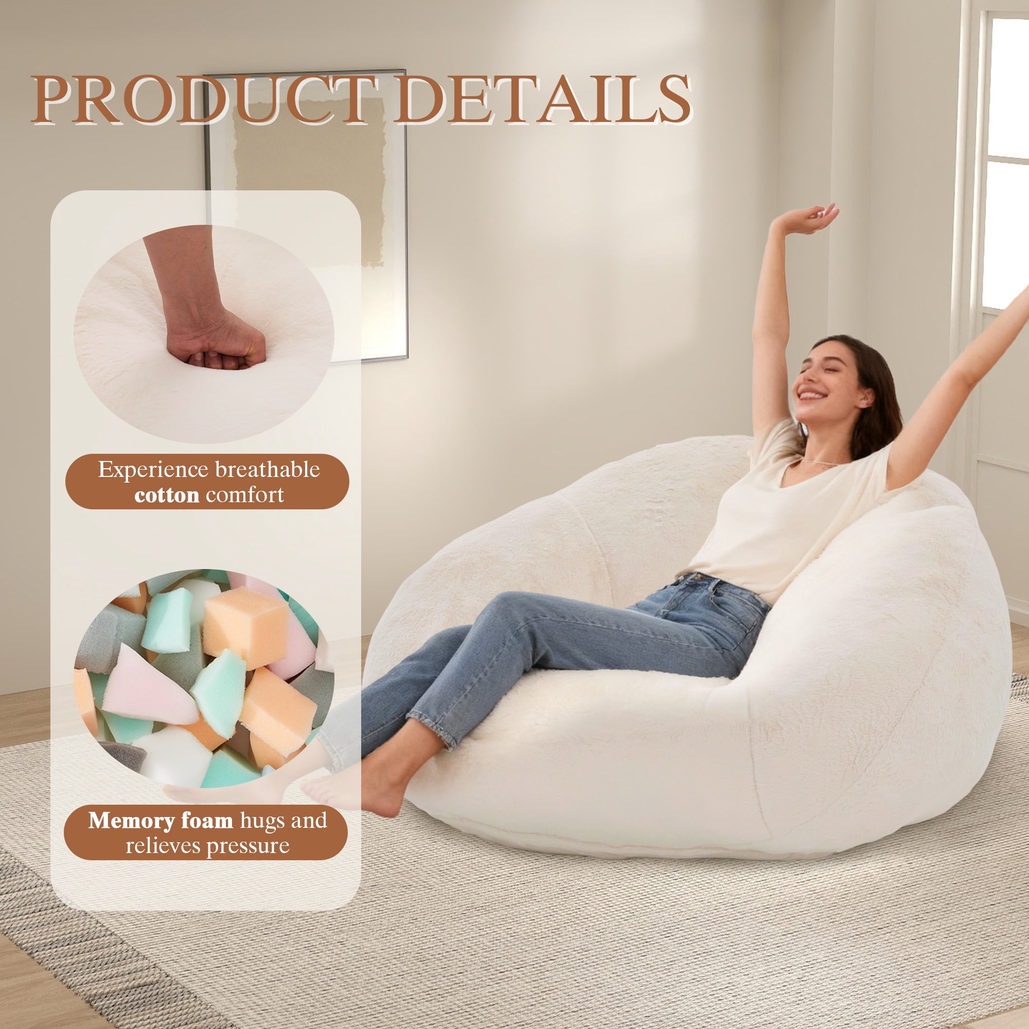 MOONMISS Oversized Bean Bag Chair for Adults,Memory Foam Lazy Sofa Chair with Soft Corduroy Cover,Comfy Floor Lounger for Living Room Bedroom Dorm
