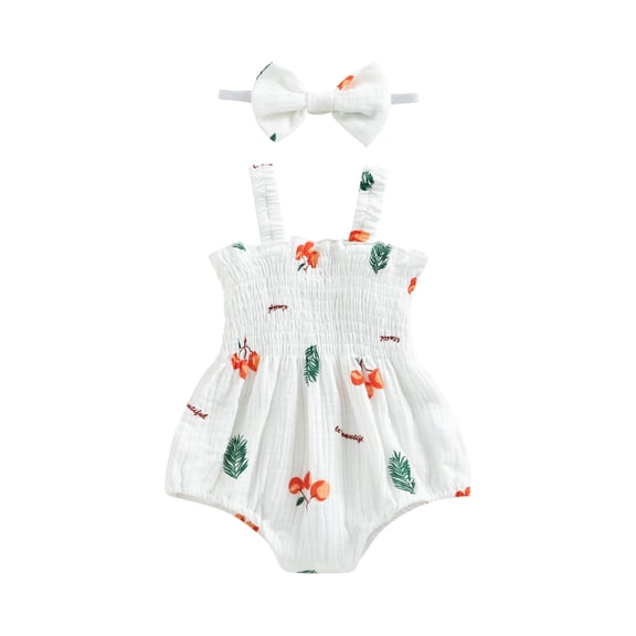 BemeyourBBs Newborn Baby Girl Summer Clothes Infant Baby Girl Smocked Bubble Romper One Piece Outfits Strap Sleeveless Cherry Carrot Leaf Print Bodysuit with Headband