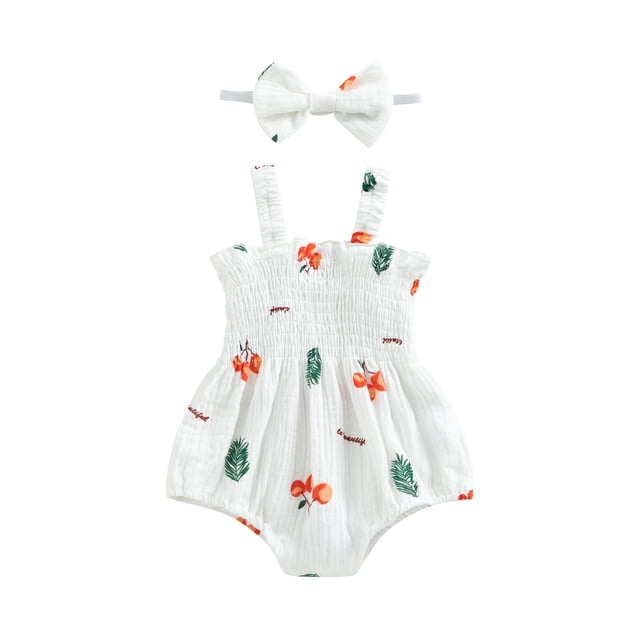 SUNSIOM Bébé Filles 2Pcs Tenues d'Été, Robe Romper Cerise/carotte/arbre Imprimé Romper Robe Froissée Combinaisons avec Bandeau