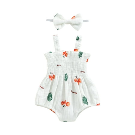 

Arvbitana Baby Girl Suspender Romper Cherry / Carrot / Tree Print Sleeveless Bodysuit + Headband Summer Sweet Princess Outfits 2Pcs 0-18M