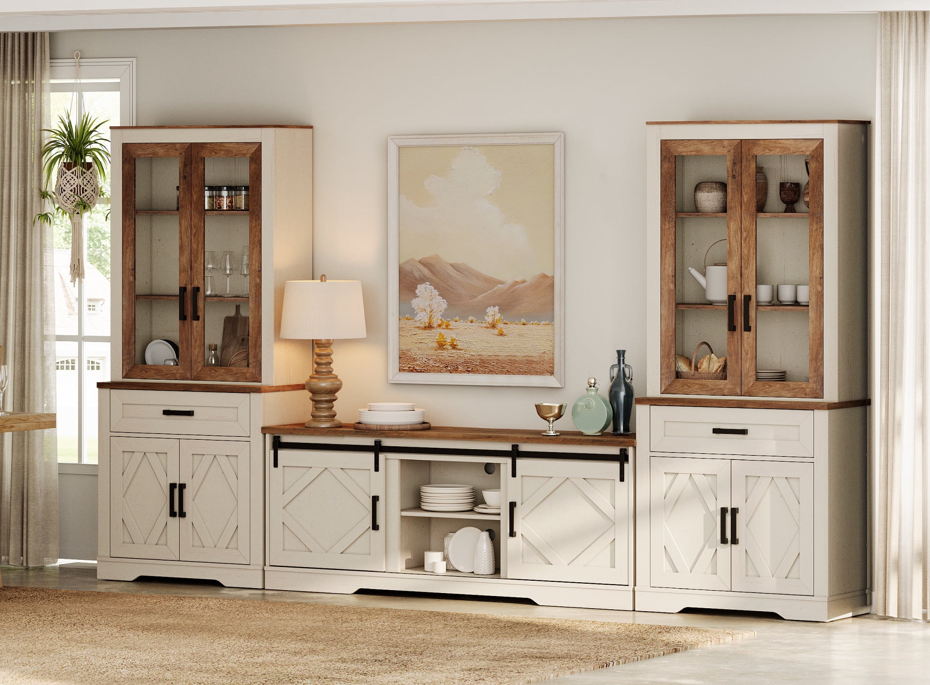 WAMPAT Farmhouse Entertainment Center with Bookshelf for TVs up to 75",Mid Century Modern TV Stand with 73"H Tall 5-Tier Bookcase with 2 Drawers and Glass Doors for Living Room,Bedroom, White Oak