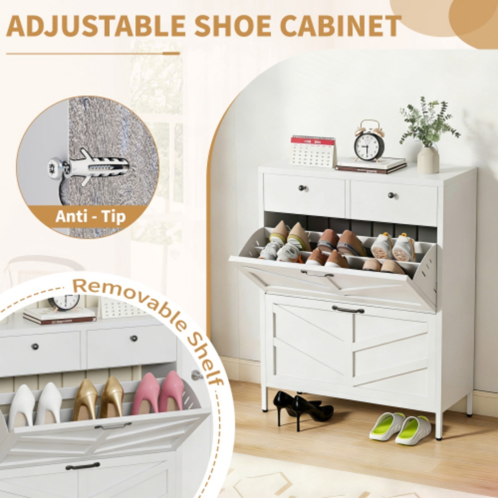 Metal Shoe Cabinet with 2 Flip Drawers & 2 Upper Drawers, Slim Entryway Storage Cabinet with Anti-Tip Device, Freestanding Hallway Shoe Organizer for Small Space, White