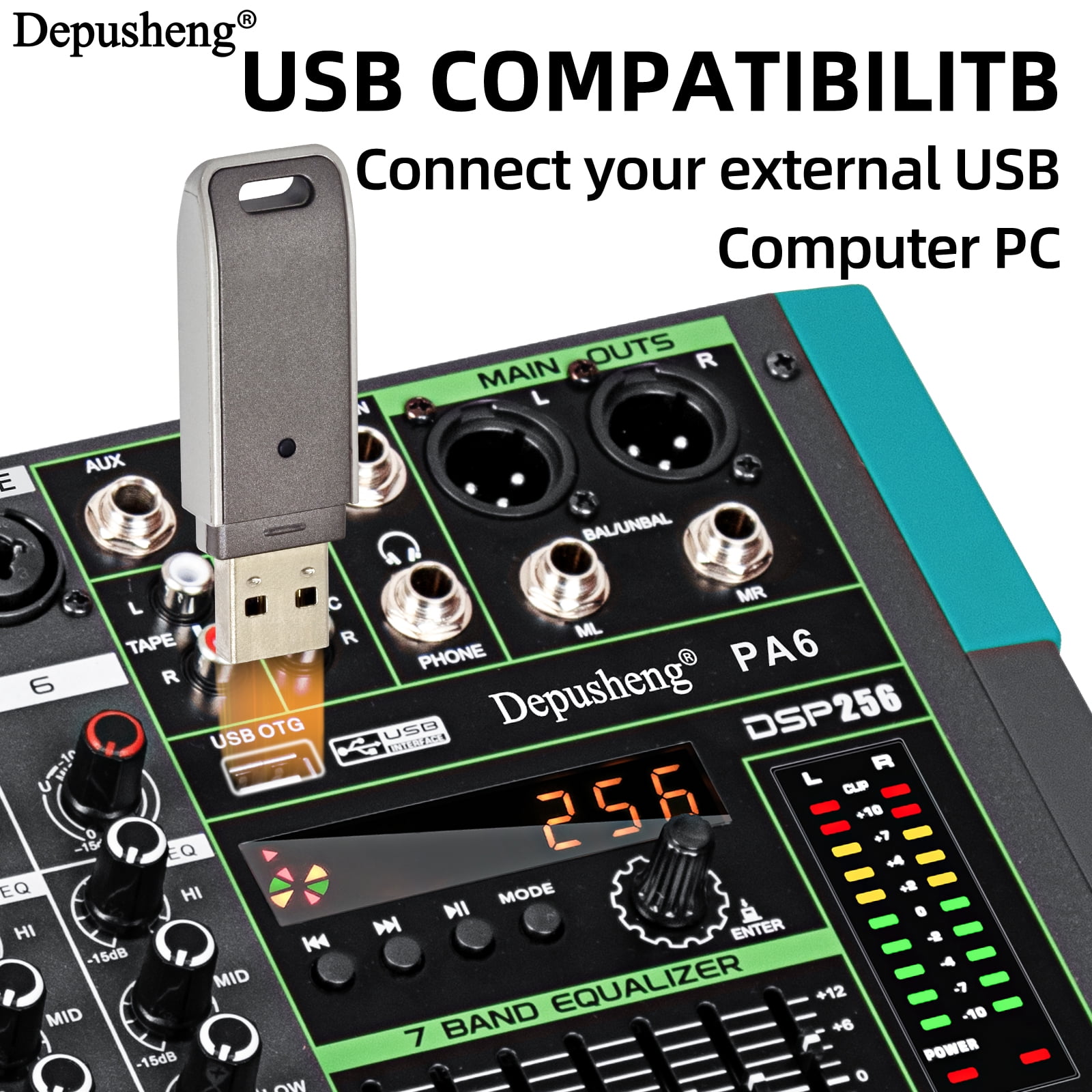 Depusheng Professional Audio Mixer 6-Channel Mixing Console with 256DSP USB & Bluetooth 48V Power for Professional and Beginners