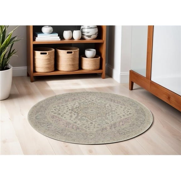 HomeRoots 552394 5 ft. Floral Medallion Distressed Round Rug, Ivory, Pink & Gray