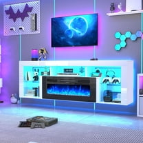 71'' Floating Fireplace TV Stand for 75/80''TV with 40'' Fireplace, LED Modern White High Gloss Entertainment Center w/lights, Power Outlet, Adjustable Shelf, 2-Tier TV Console Cabinet with Storage