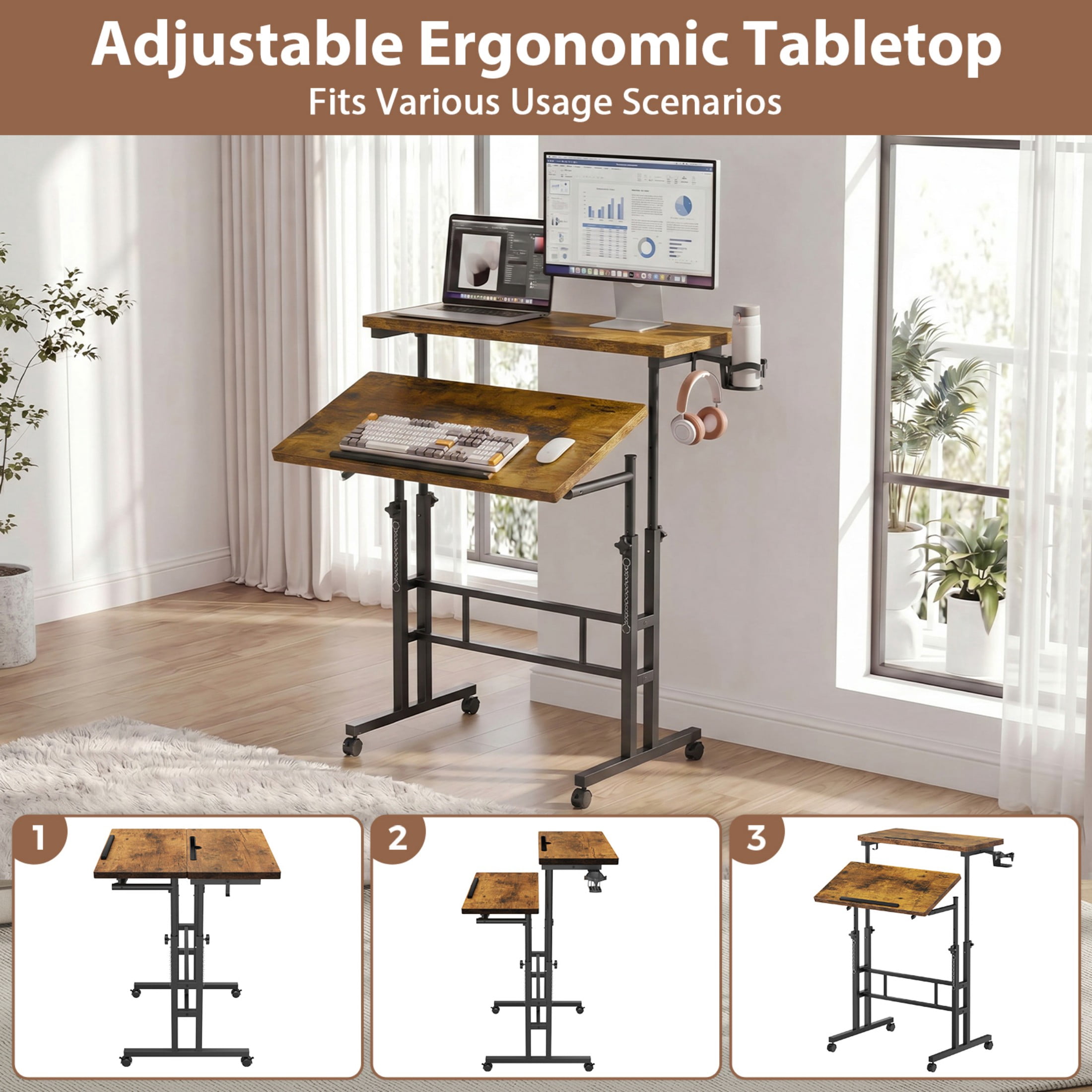 CONCETTA 23.6 inch Mobile Standing Desk, Adjustable Height Rolling Computer Desk for Home Office, Portable Treadmill Sit Stand Workstation, Rust