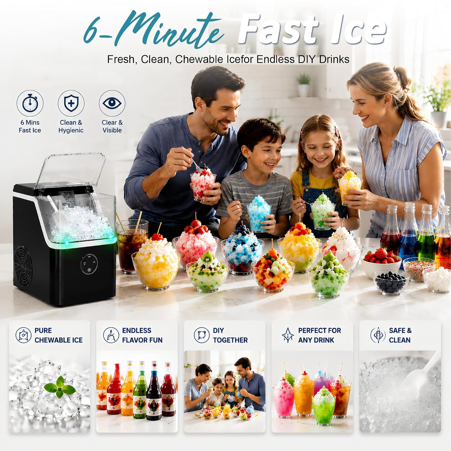 Countertop Nugget Ice Maker Machine 41.89lbs/Day, Soft Chewable Pellet Ice Ready in 6-13 Mins, One Touch Auto Self Clean for Home Kitchen Party Bar