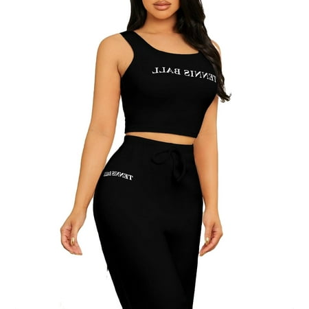 

Women s Pajama Sets Black Casual Letter Scoop Neck Pant Sets Sleeveless