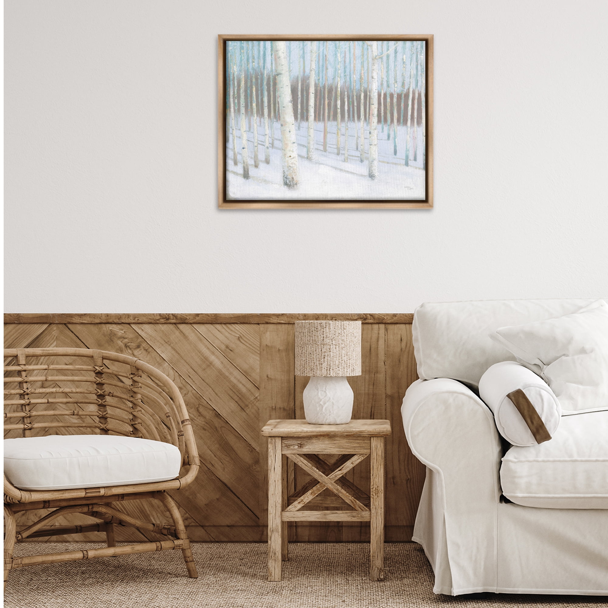 Stupell Industries Winter Birch Forest Landscape & Nature Painting Brown Floater Framed Canvas Art Print Wall Art, 31 x 25
