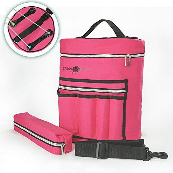 Knitting Bag - Yarn Tote Organizer w/Tool Case, 7 Pockets   Divider for Extra Storage of Projects, Supplies & Crochet (Fuchsia) by Stitch Happy