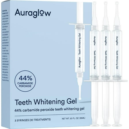 Auraglow Teeth Whitening Gel Syringe Refill Pack, 44% Carbamide Peroxide, (3X) 5ml Syringes, 30 Whitening Treatments