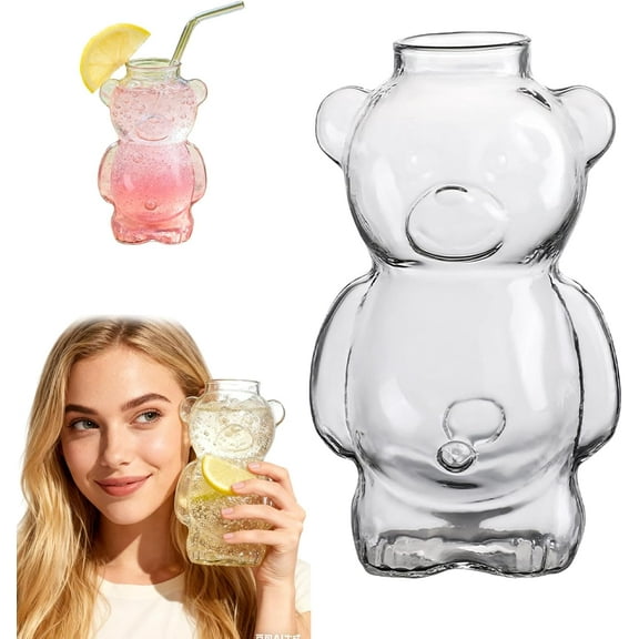 2026 New Glass Bear Cup, 20oz Teddy Bear Glass Cup With Straw， Reusable Drinking Glass With Lid, Iced Coffee Tumbler for Women, Aesthetic Bears Mug For Tea, Smoothie, Juice, Or Cocktail (1pcs)