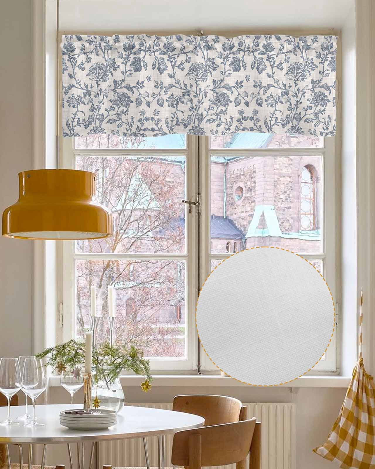 Blue Floral Kitchen Valances for Windows Farmhouse Linen Window Valance Curtain for Living Room Window Treatment Farmhouse Vintage Flower Leaf Botanical Valance Rod Pocket Topper Drape, 42 x 12 Inch