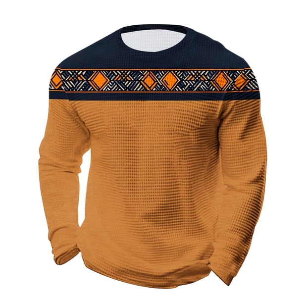Camisas de Manga Larga Casual Robusta Camisa Impresa Étnica, Cuello Redondo Streetwear Top para el Uso Diario