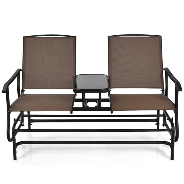 Patiojoy Brown Patio Loveseat Rocking 2 Person Outdoor Double Glider Chair With Center Table